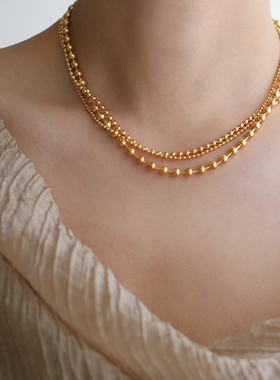 欧美风重工多层毛衣链金色圆锁骨链珠珠链项链 钛钢镀18K金不掉色