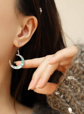 甜酷风油画质感小众轻奢月亮细链项链蓝色耳环耳钩钛钢不掉色银色