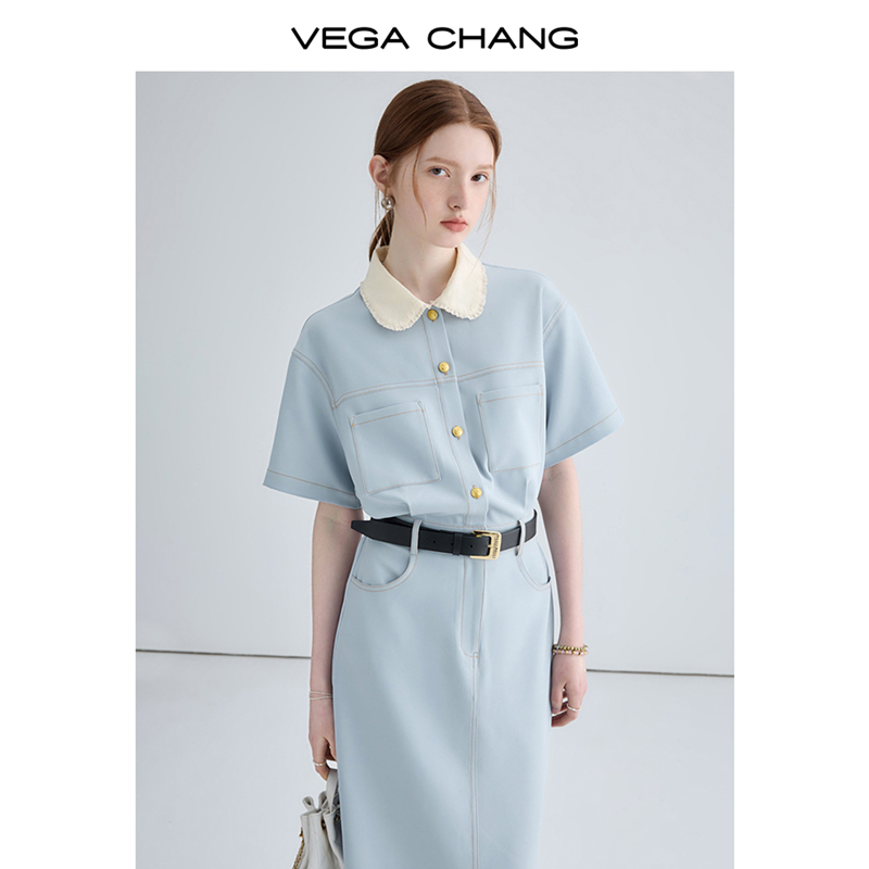 VEGA CHANG法式连衣裙女夏2024年新款娃娃领显瘦气质赫本风长裙子 - 图2