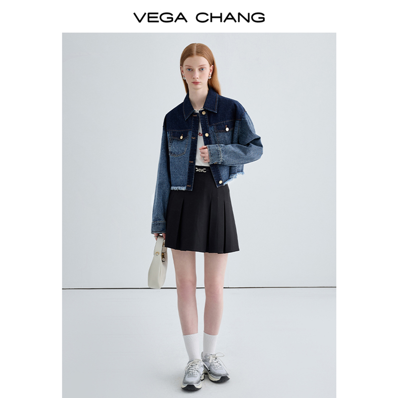 VEGA CHANG牛仔短外套女2024年春季新款设计感拼色小个子牛仔上衣-图0