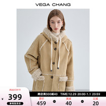 VEGA CHANG plus velvet fur integrated short coat woman 2023 autumn winter new thickened warm-to-cap coat