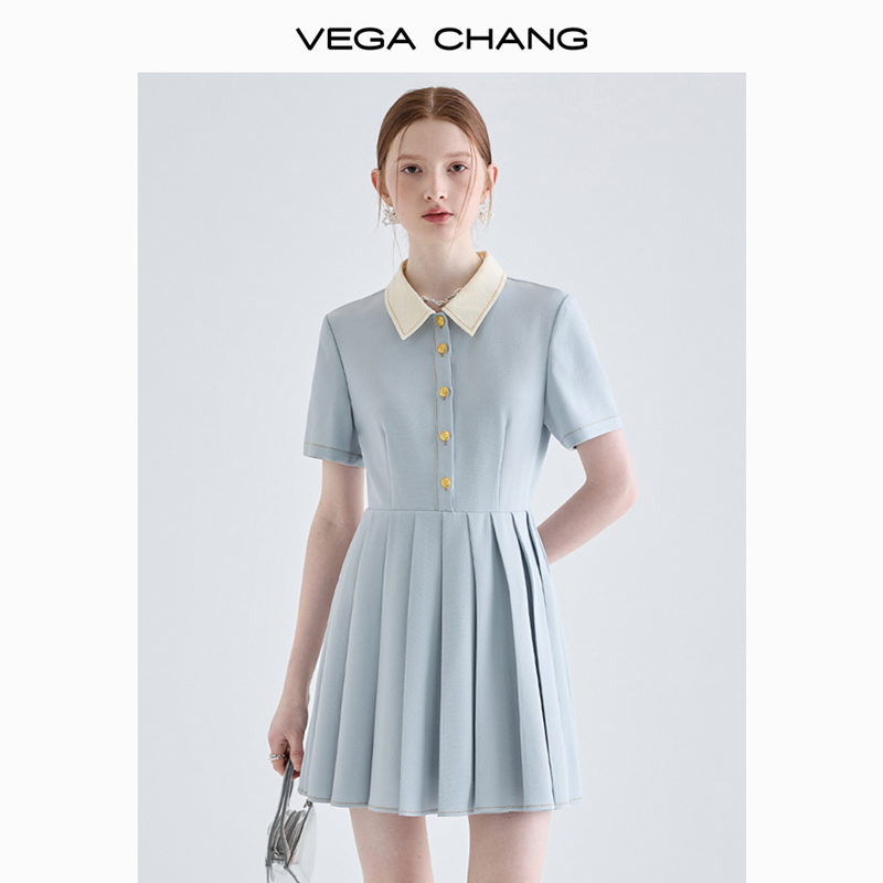 VEGA CHANG学院风连衣裙女2024夏季新款小个子显瘦气质法式百褶裙