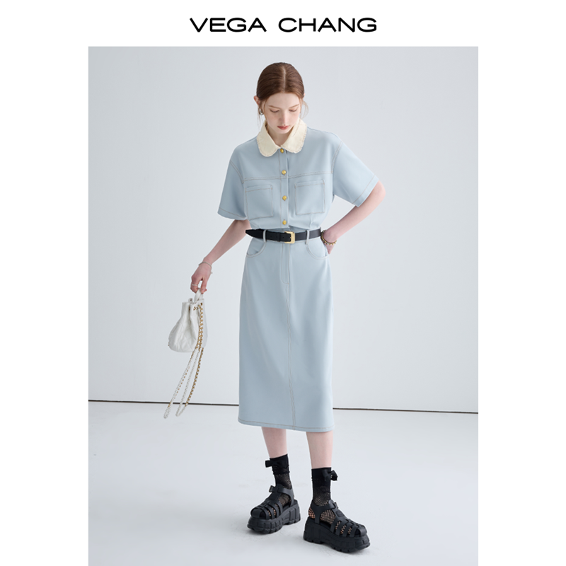 VEGA CHANG法式连衣裙女夏2024年新款娃娃领显瘦气质赫本风长裙子 - 图1