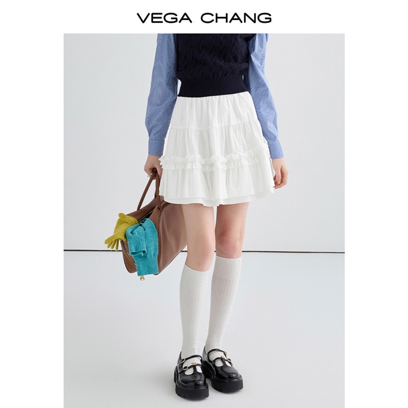 VEGA CHANG高腰半身裙女2024年秋季新款优雅双层花边蓬松蛋糕裙子