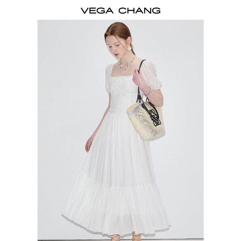 VEGA CHANG法式连衣裙女2024年夏季新款方领小众气质泡泡袖长裙子