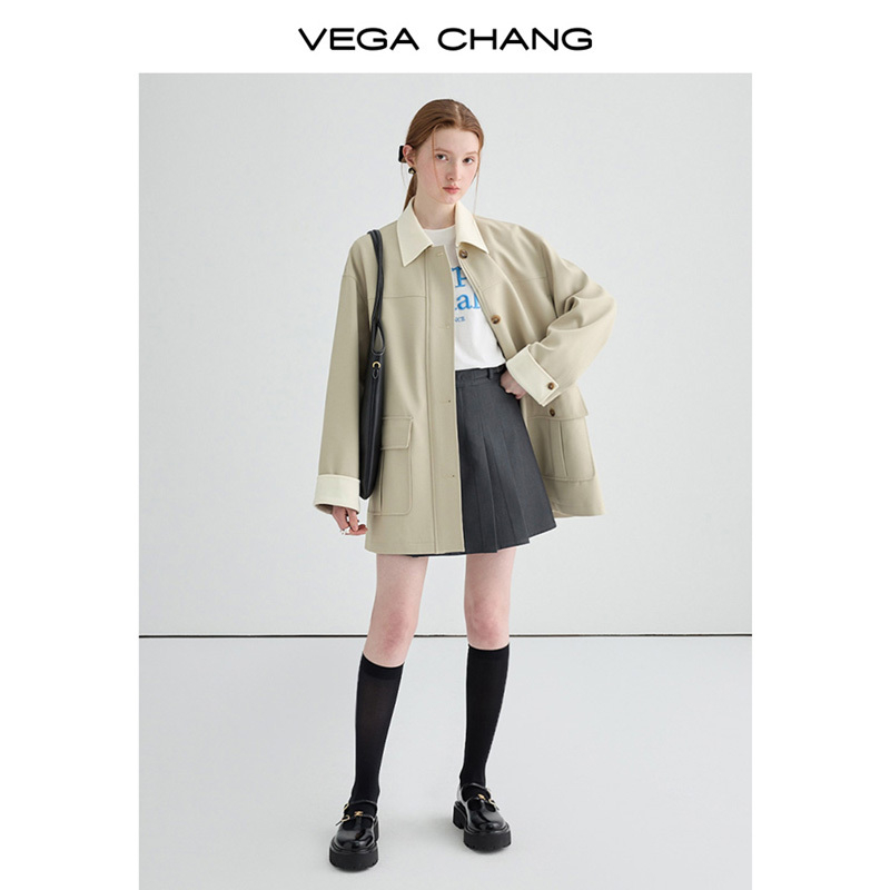 VEGA CHANG学院风半身裙女2024年春秋季新款时髦高腰A字百褶裙子-图1