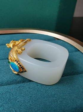 21年老店天然和田玉羊脂玉戒指18k金镶嵌凤凰扳指d