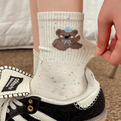 可爱袜子女纯棉防脚气防臭中筒袜子春夏款小熊ins潮韩系卡通日系 - 图0