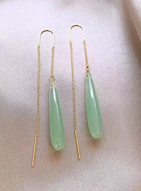 新中式绿色水滴长款流苏耳线女简约古风显脸瘦旗袍复古百搭潮耳饰