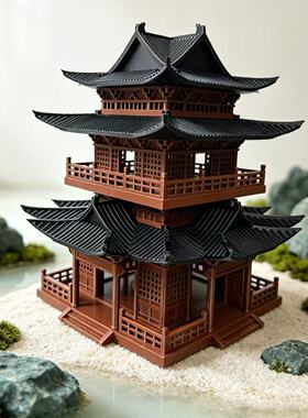 中式3D打印古建筑大号27CM模型摆件客厅假山鱼缸微景观造景凉亭