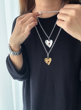 SAMPANPicnic星与心小众设计拉丝爱心锁骨链红色宝石心形毛衣链