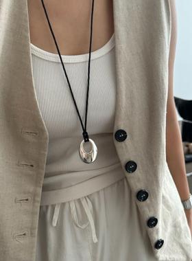 韩国ins同款小众设计感黑绳立体水滴造型毛衣链抽拉项链银色吊坠