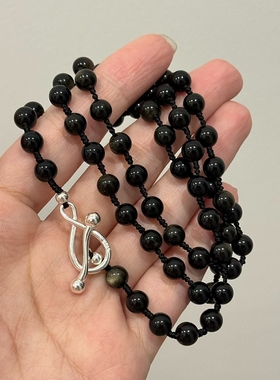 S925纯银OT扣黑曜石圆珠长项链