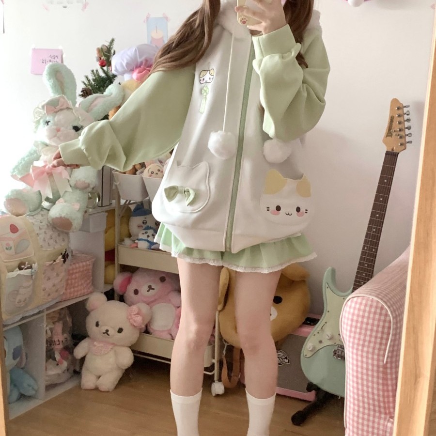 blurredbear原创日系软妹kt猫连帽开衫卫衣女秋冬季甜妹秋冬外套 - 图2