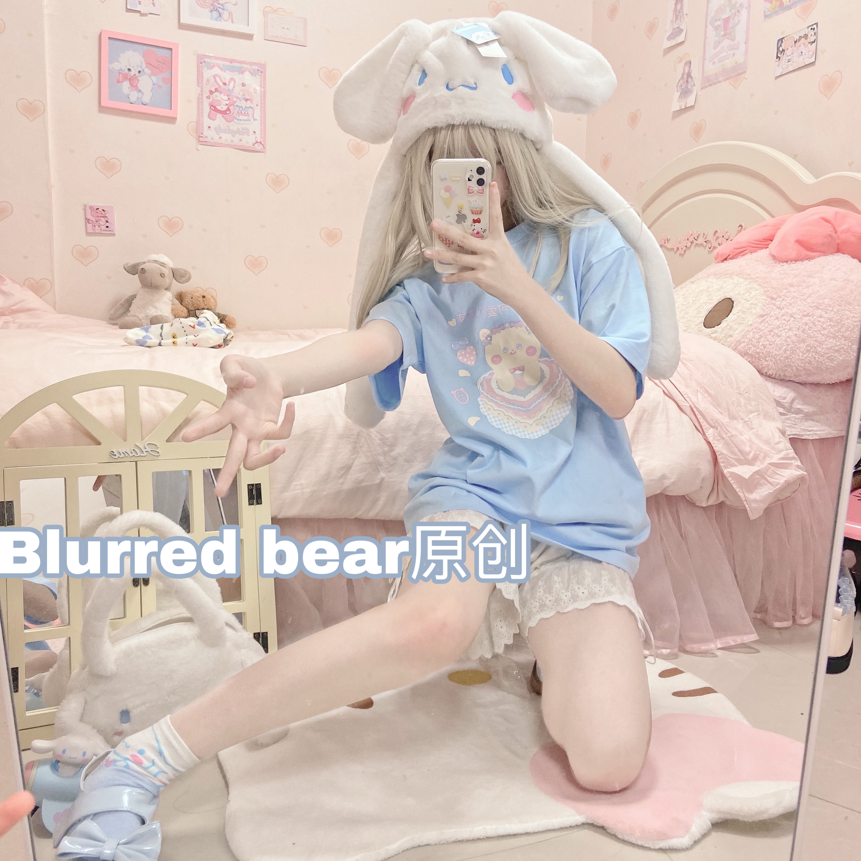 Blurred bear原创日系可爱卡通动漫软妹圆领短袖宽松百搭甜美t恤 - 图0