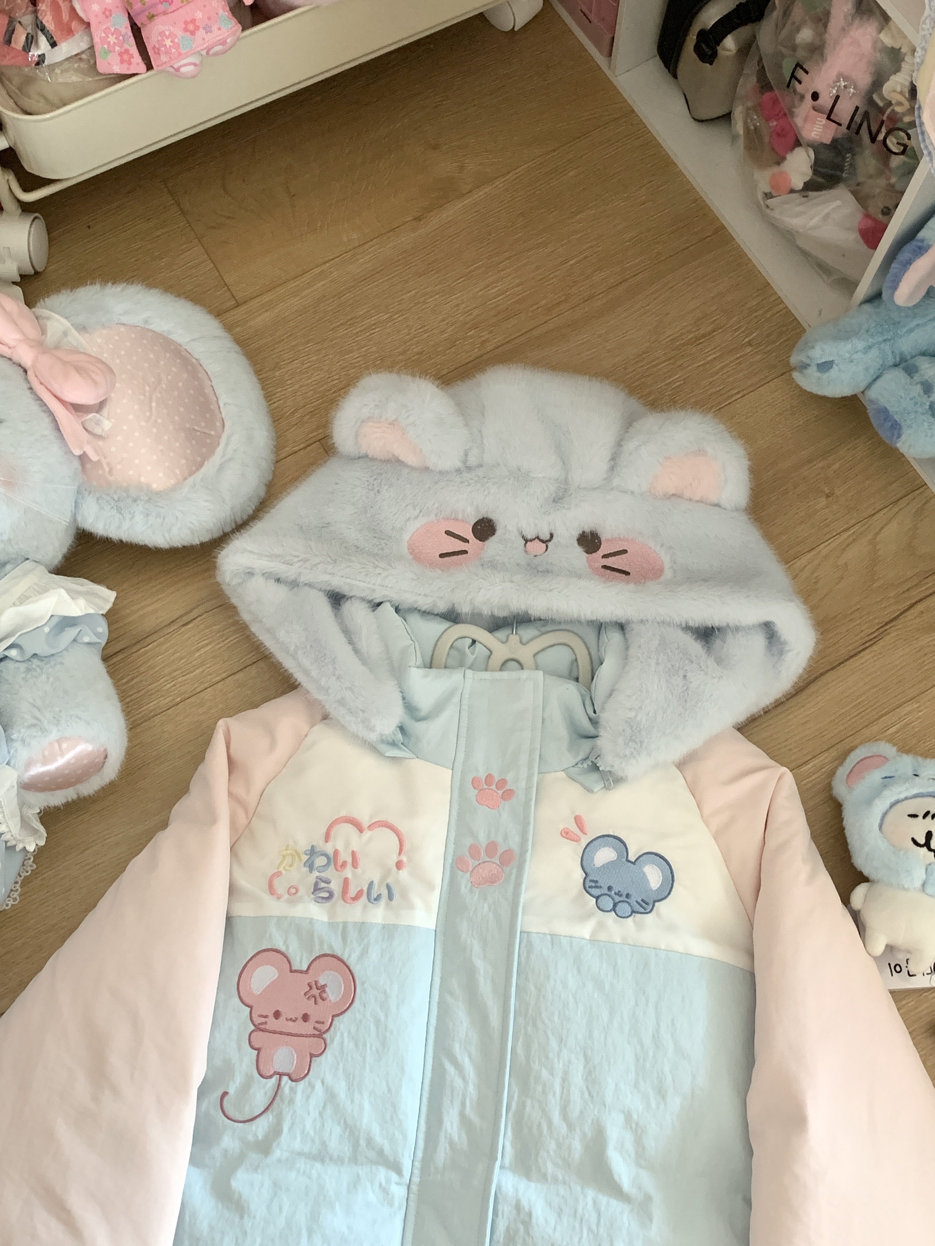 Blurred bear原创日系软妹宅萌可爱鼠毛绒连帽羽绒服白鸭绒外套女,淘宝优惠券,粉丝福利购,淘宝优惠卷