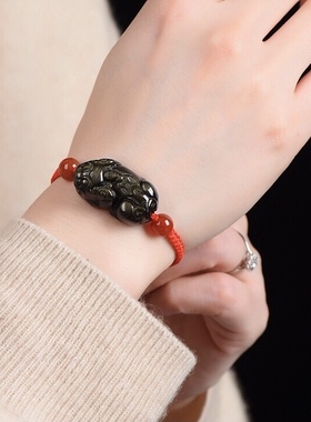 黑曜石貔貅手链男款女士貔貅手串金曜石情侣天然水晶本命年貔貅