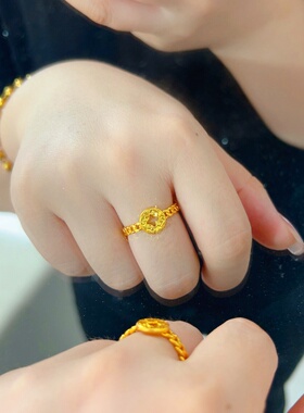 镀黄金色碎碎冰铜钱戒指越南沙金女小众设计轻奢高级中式招财指环