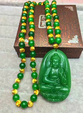 绿玛瑙玉石观音镶嵌欧币风金项链