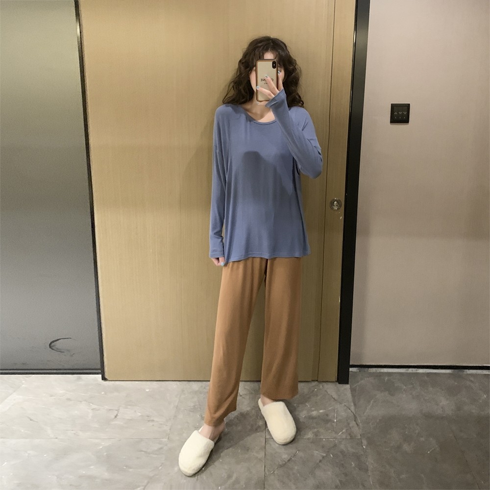 莫代尔孕妇春夏撞色长衣长裤睡衣 诺初宠爱家居服套装