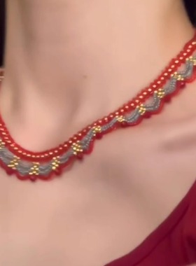 宫廷风多层蕾丝红蓝撞色串珠项链