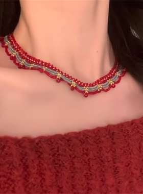 新中式撞色蕾丝项链女法式锁骨链