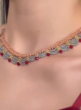 新中式多层蕾丝红蓝撞色项链颈链