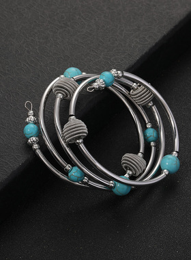 欧美热卖 天然绿松石缠绕手链 火山石蓝纹石多层女士天然石手链