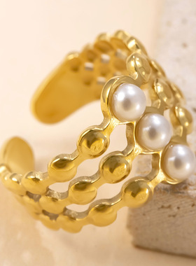 跨境热销不锈钢天然石镀金戒指