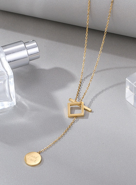 韩版钛钢金色OT扣流苏项链