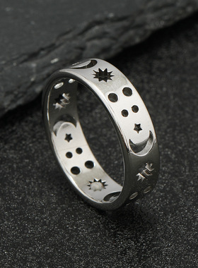 跨境设计感日月星辰钛钢戒指