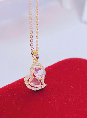 金色爱心项链女微镶心形粉锆