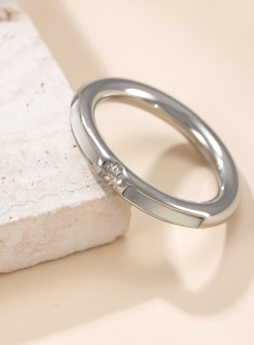 跨境钛钢白贝镶钻戒指
