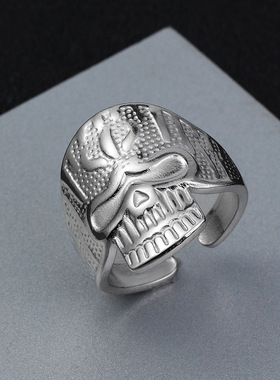跨境不锈钢骷髅头钛钢开口戒指