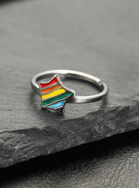 跨境彩虹爱心蓝红钛钢戒指