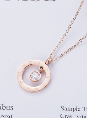 钛钢玫瑰金锆石项链女欧美时尚