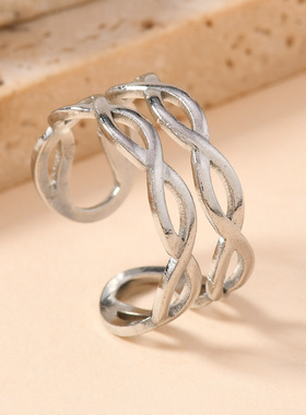 欧美不锈钢交叉双麻花开口戒