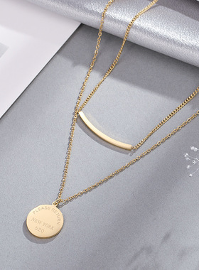 新款双层微笑项链女钛钢金色