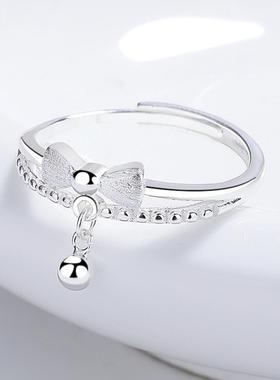 925银拉丝蝴蝶结戒指女磨砂双层