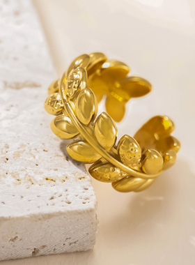 亚马逊新品不锈钢树叶开口戒指