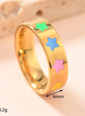 欧美钛钢彩色油滴花朵爱心戒指