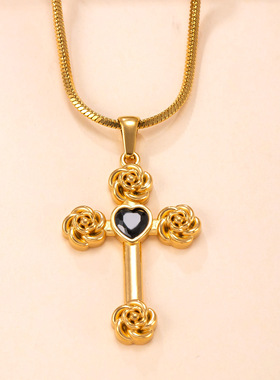 单吊坠复古十字架镶钻项链