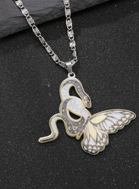 单吊坠嘻哈钛钢蝴蝶项链