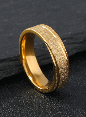 欧美时尚钛钢金色双斜线戒指