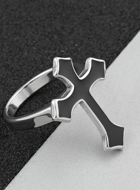 欧美跨境复古钛钢十字架戒指