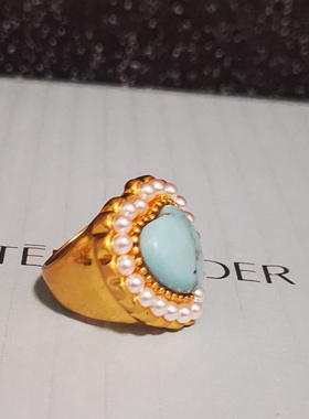 包邮中古饰品爱心蓝松石珍珠戒指内直径17mm送盒