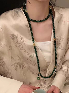 网红欧阳新中式绿色高级感设计串珠长项链国风流苏斜挎马面裙配饰