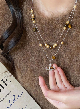 复古轻奢珠珠土星双层毛衣链