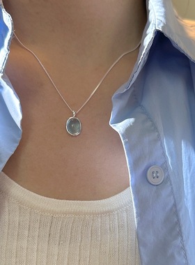 椭圆形蓝色水滴项链新爆款设计感小众高级感气质椭圆吊坠锁骨链女