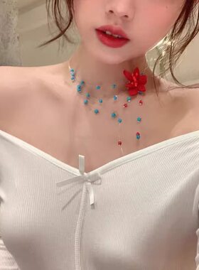 多巴胺蓝红花朵项链女气质
